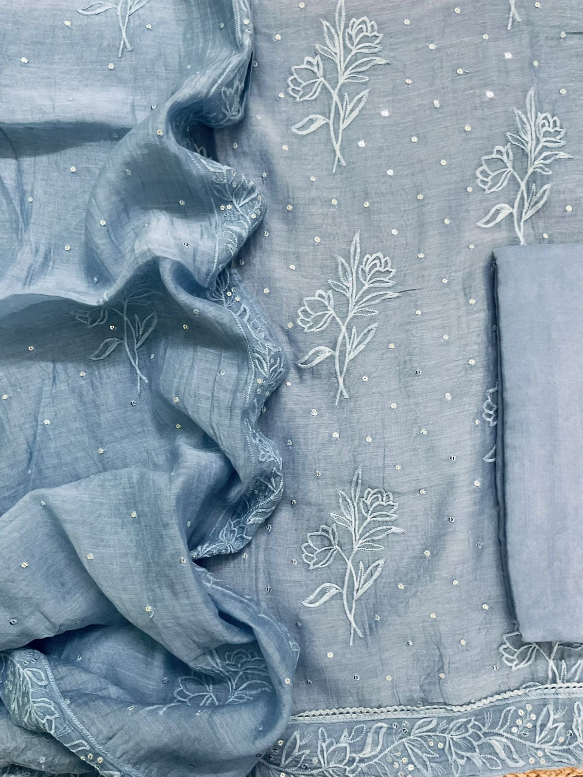 Pure Chanderi Embroidered Suit - Blue