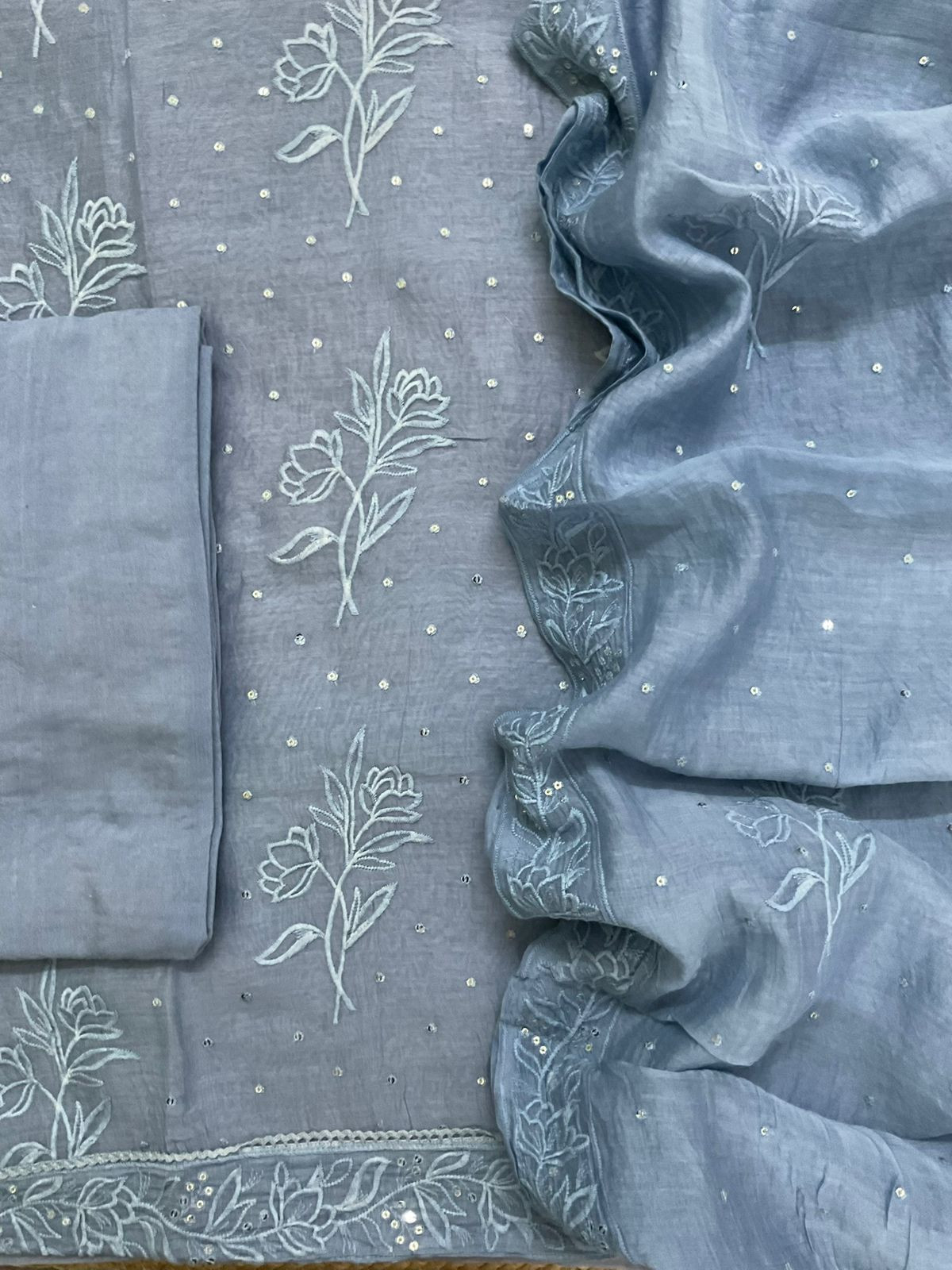 Pure Chanderi Embroidered Suit - Blue