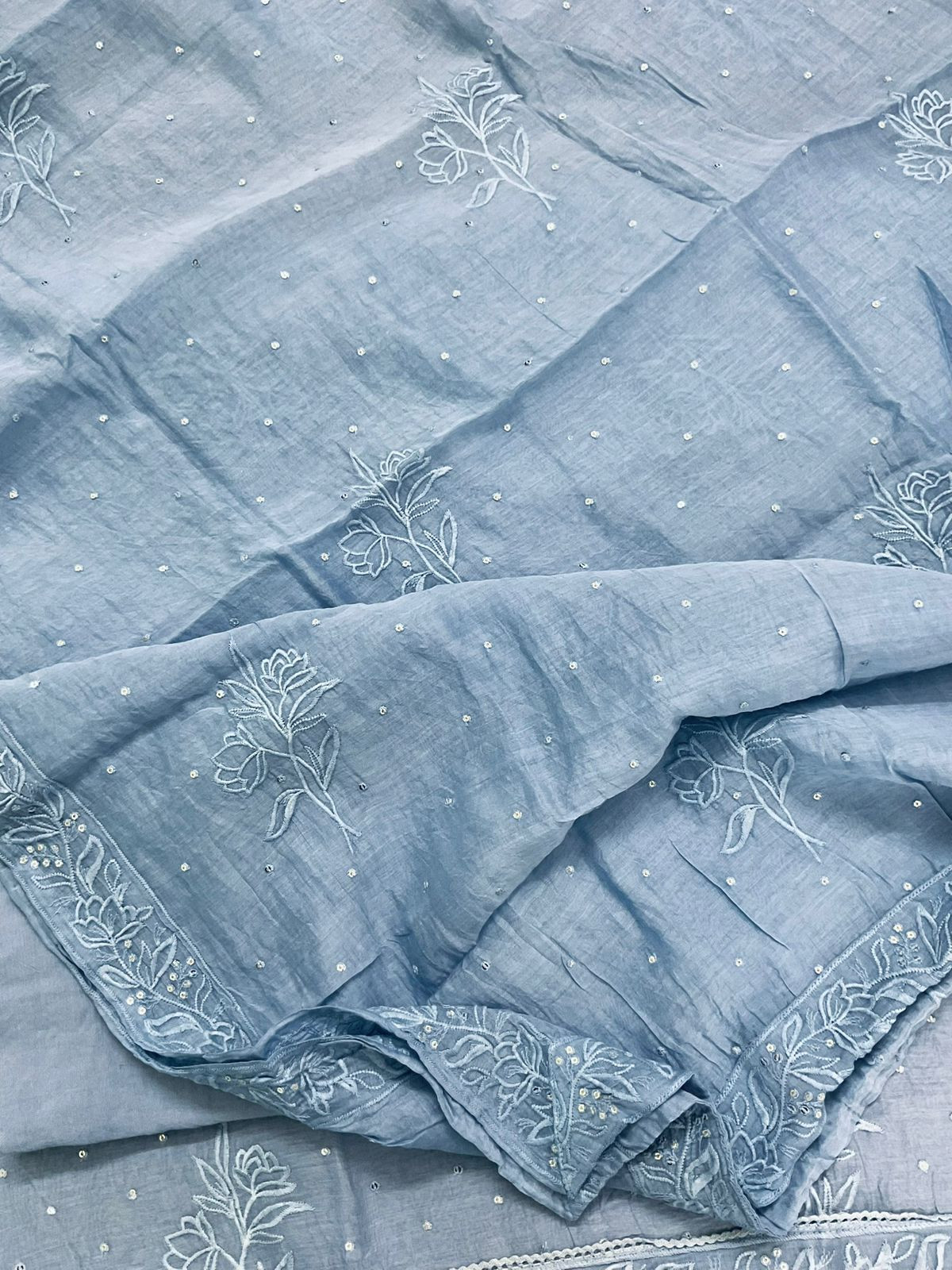 Pure Chanderi Embroidered Suit - Blue