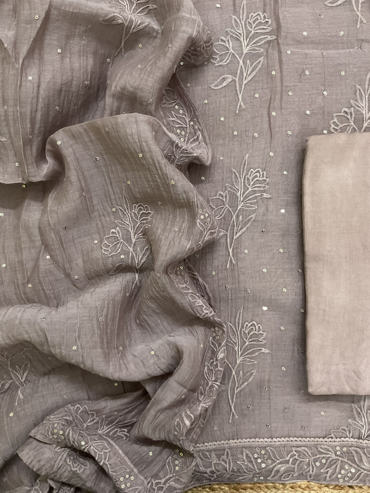 Pure Chanderi Embroidered Suit - Beige