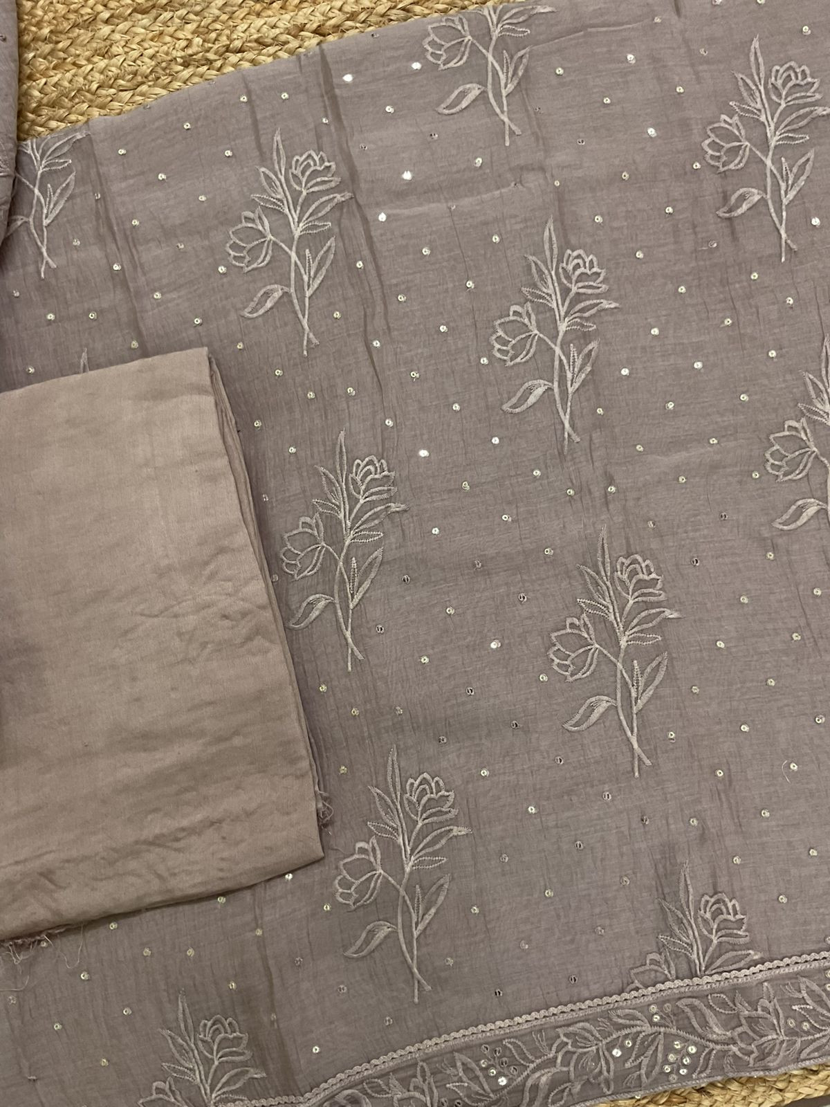 Pure Chanderi Embroidered Suit - Beige