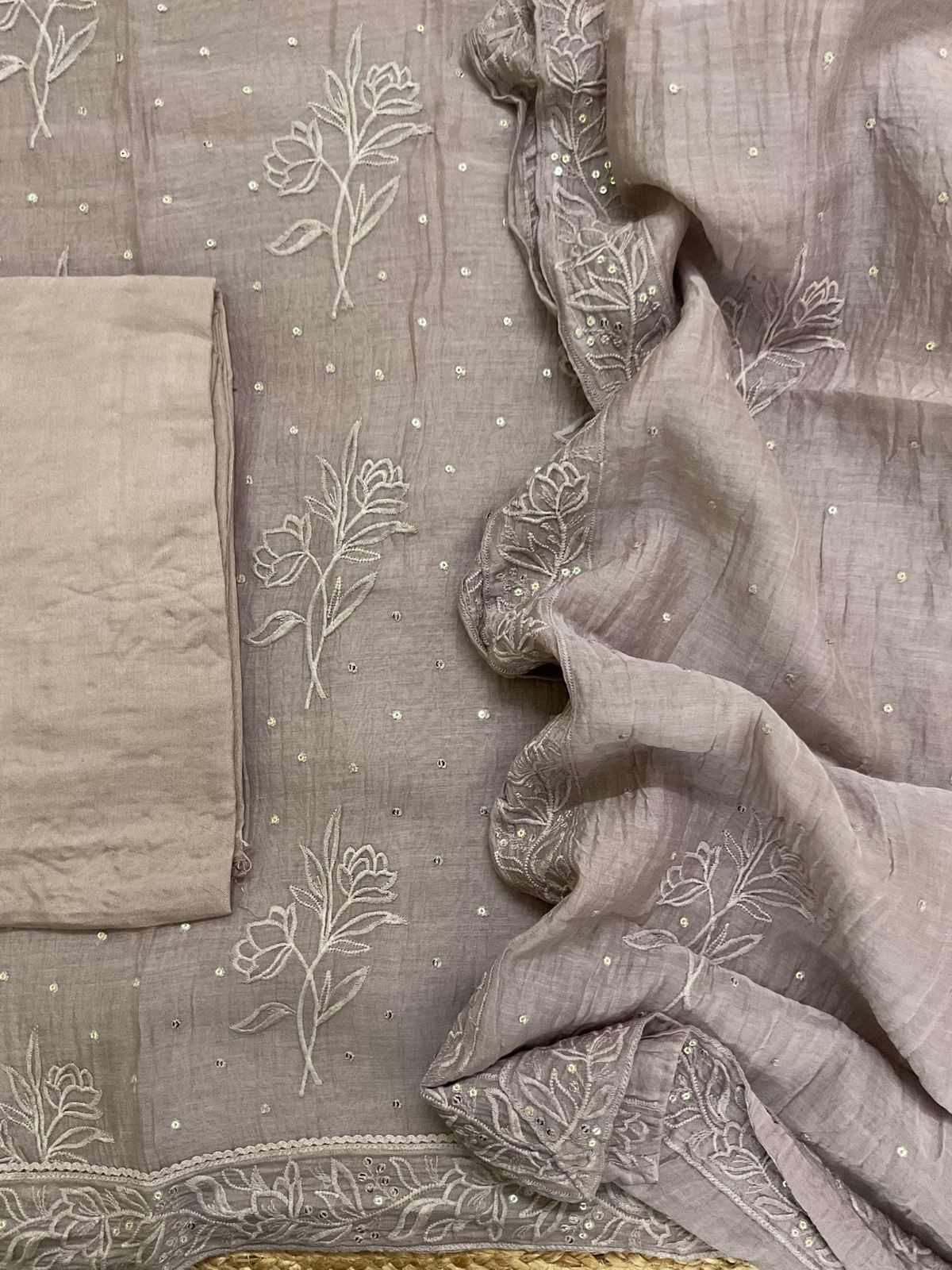 Pure Chanderi Embroidered Suit - Beige