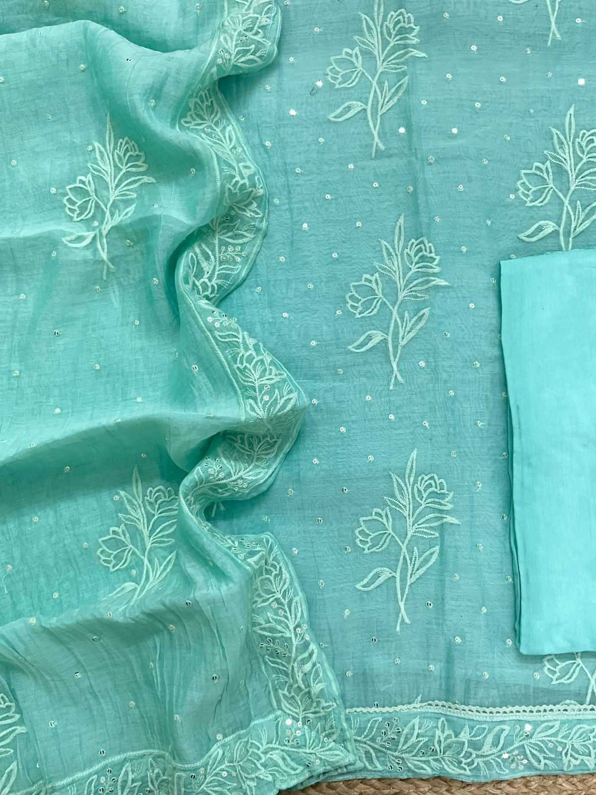 Pure Chanderi Embroidered Suit - Green