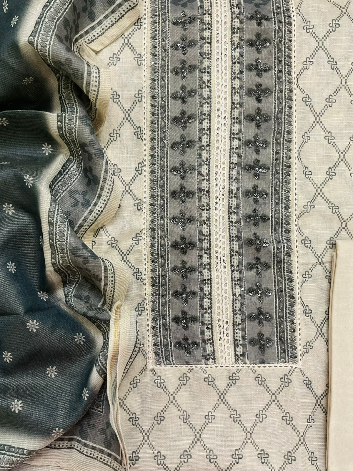 Soft Tissue Slub Cotton Printed Embroidered Suit - Beige