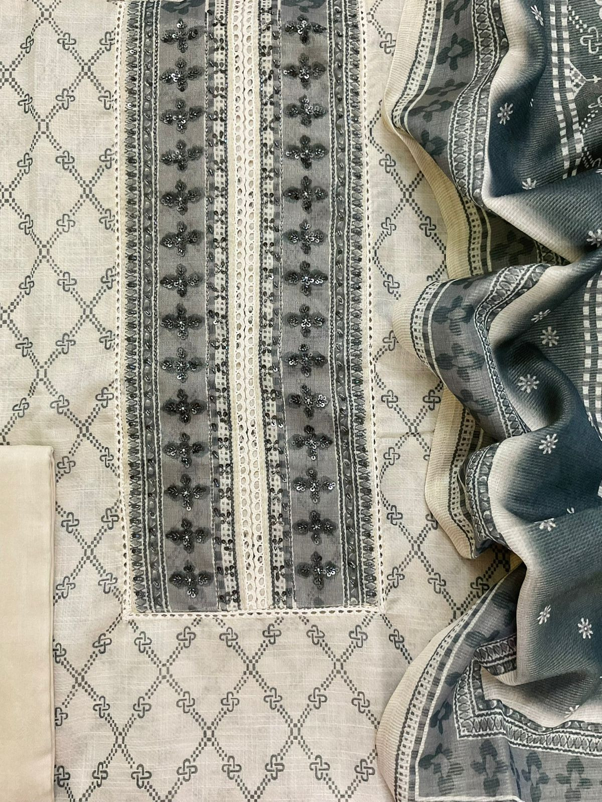 Soft Tissue Slub Cotton Printed Embroidered Suit - Beige