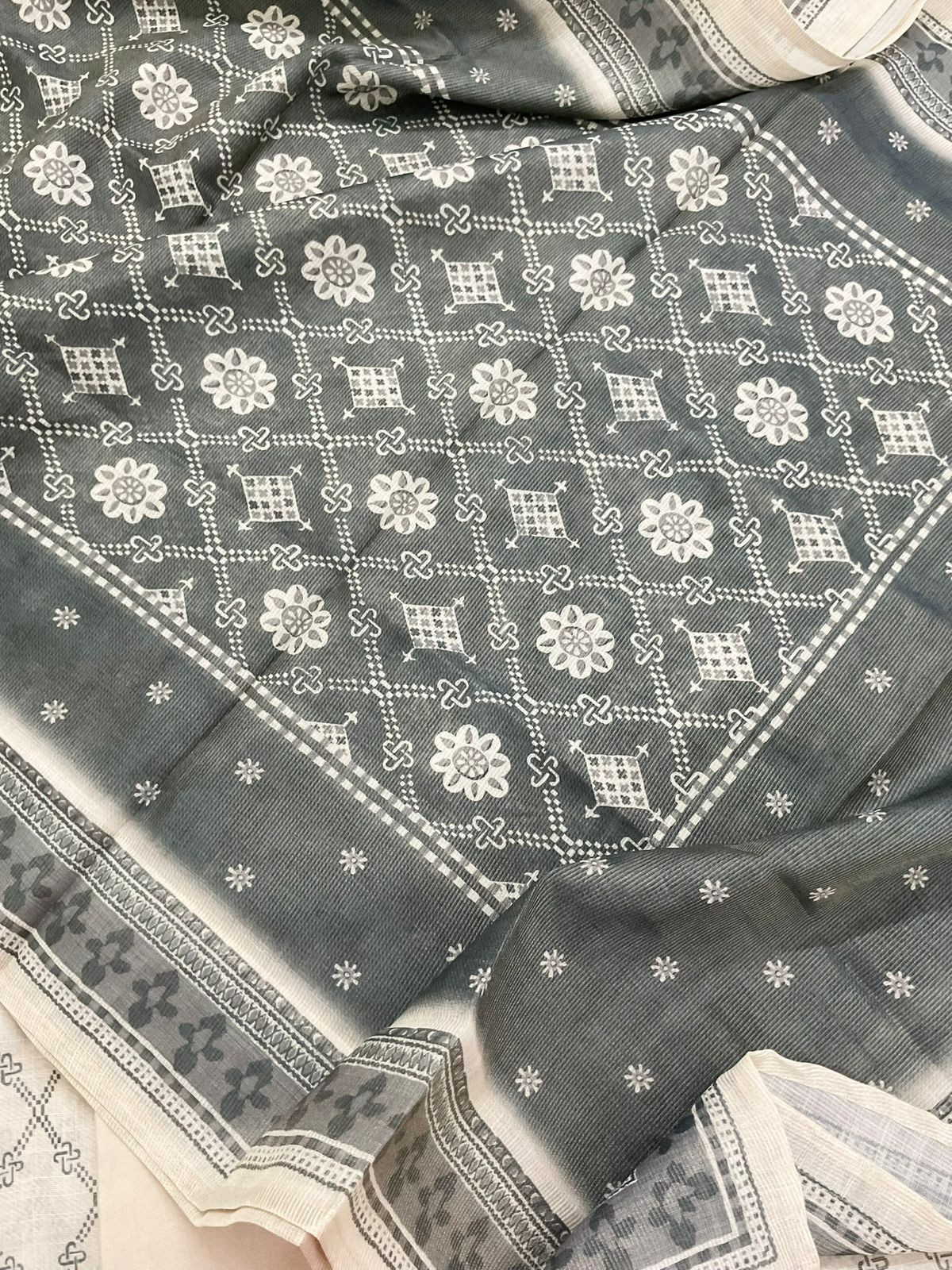 Soft Tissue Slub Cotton Printed Embroidered Suit - Beige