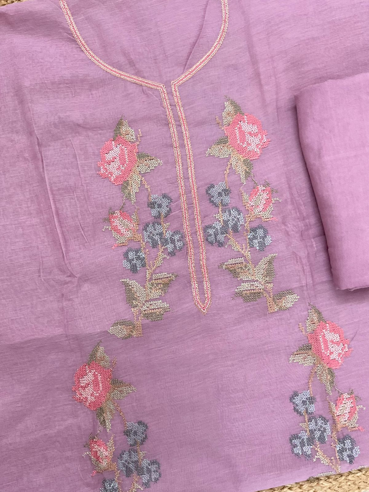 Pure Chanderi Embroidered Suit - Pinkish Purple