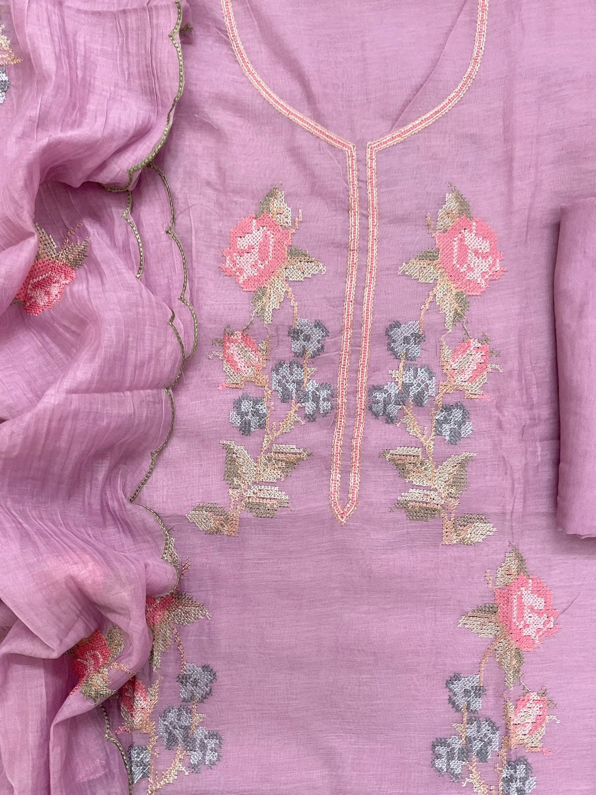 Pure Chanderi Embroidered Suit - Pinkish Purple