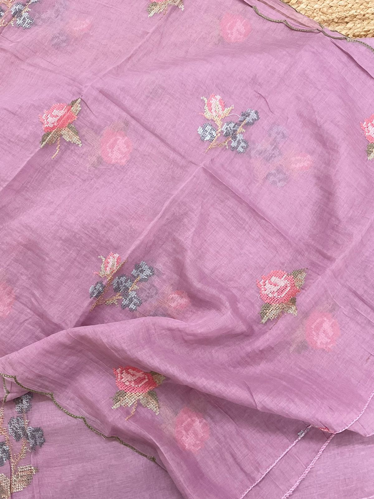 Pure Chanderi Embroidered Suit - Pinkish Purple