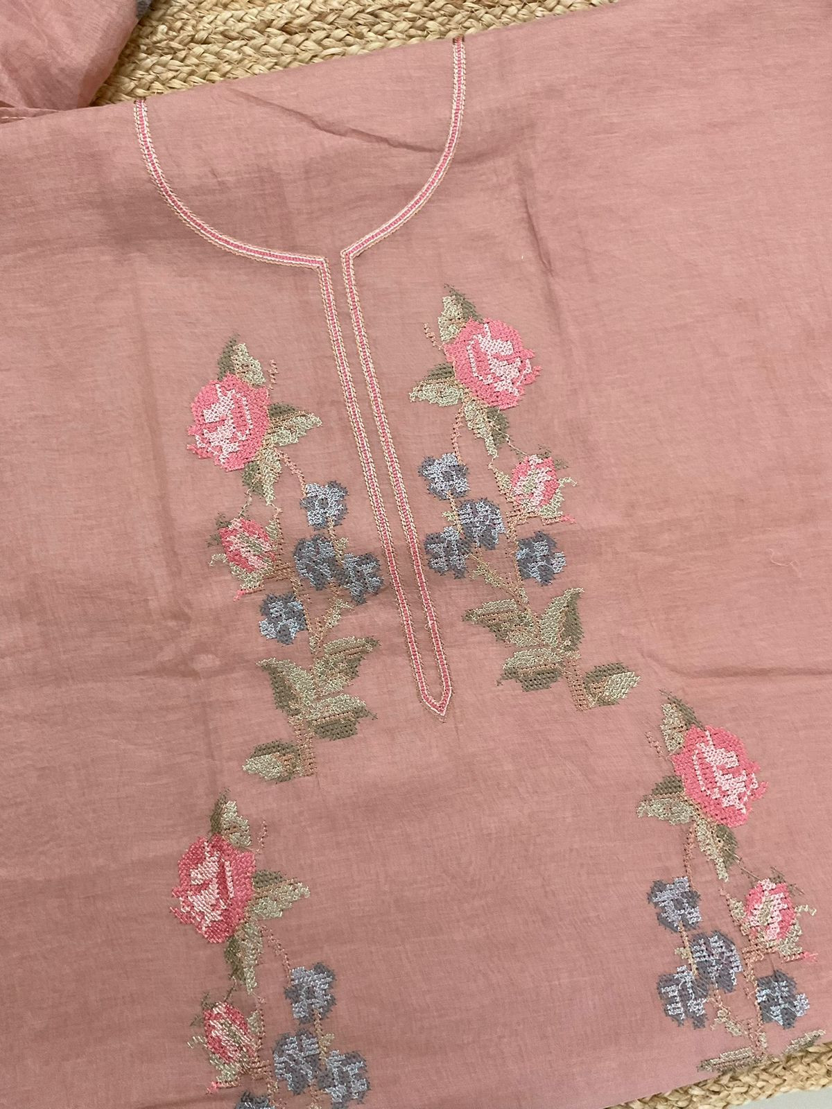 Pure Chanderi Embroidered Suit - Peach