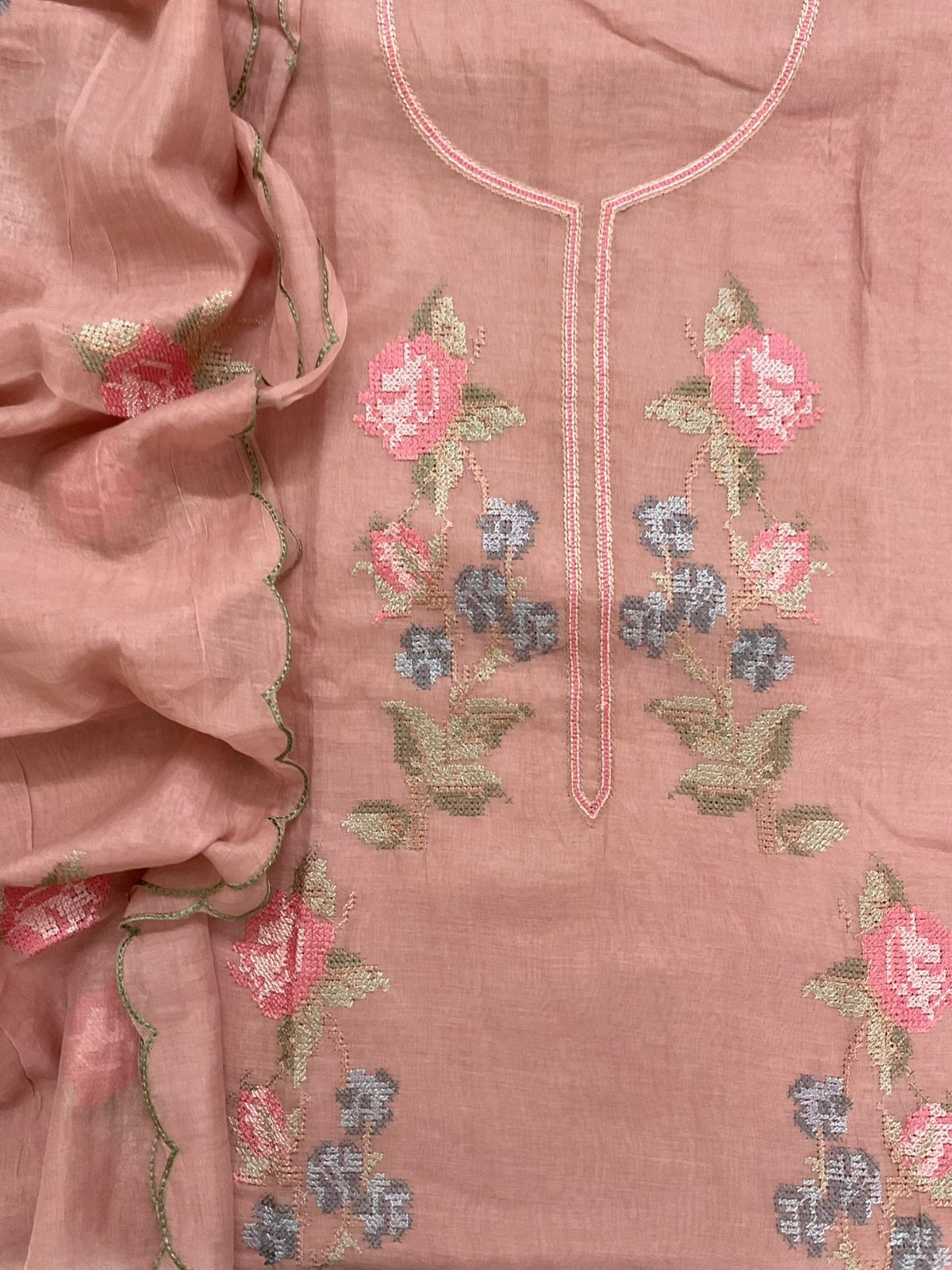 Pure Chanderi Embroidered Suit - Peach