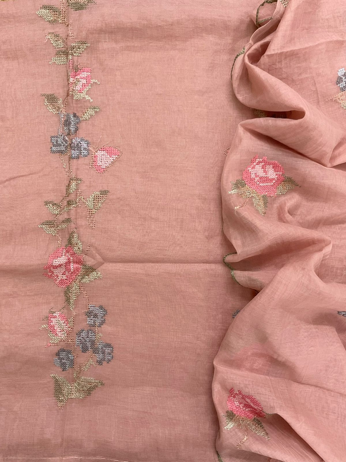 Pure Chanderi Embroidered Suit - Peach