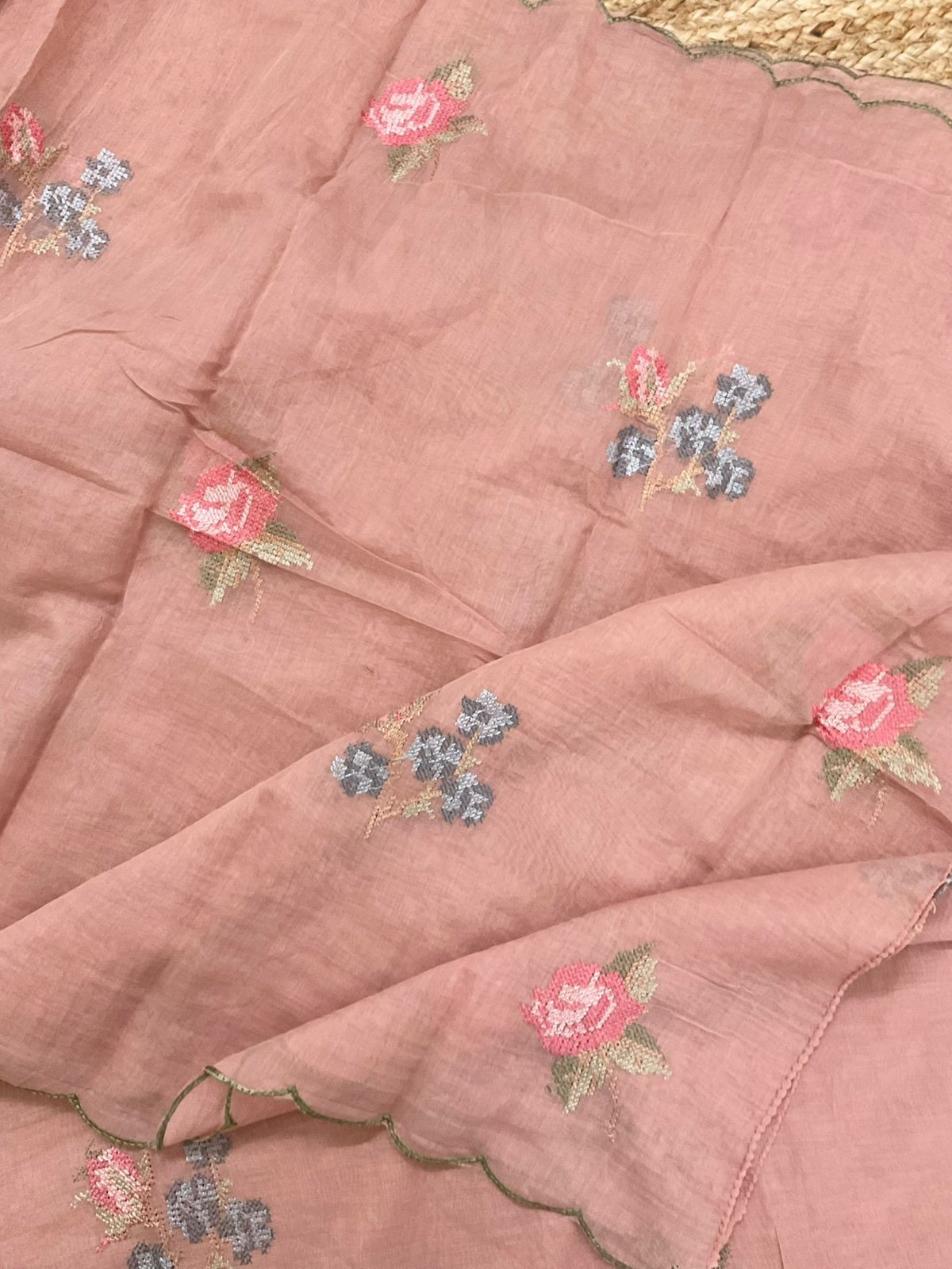 Pure Chanderi Embroidered Suit - Peach