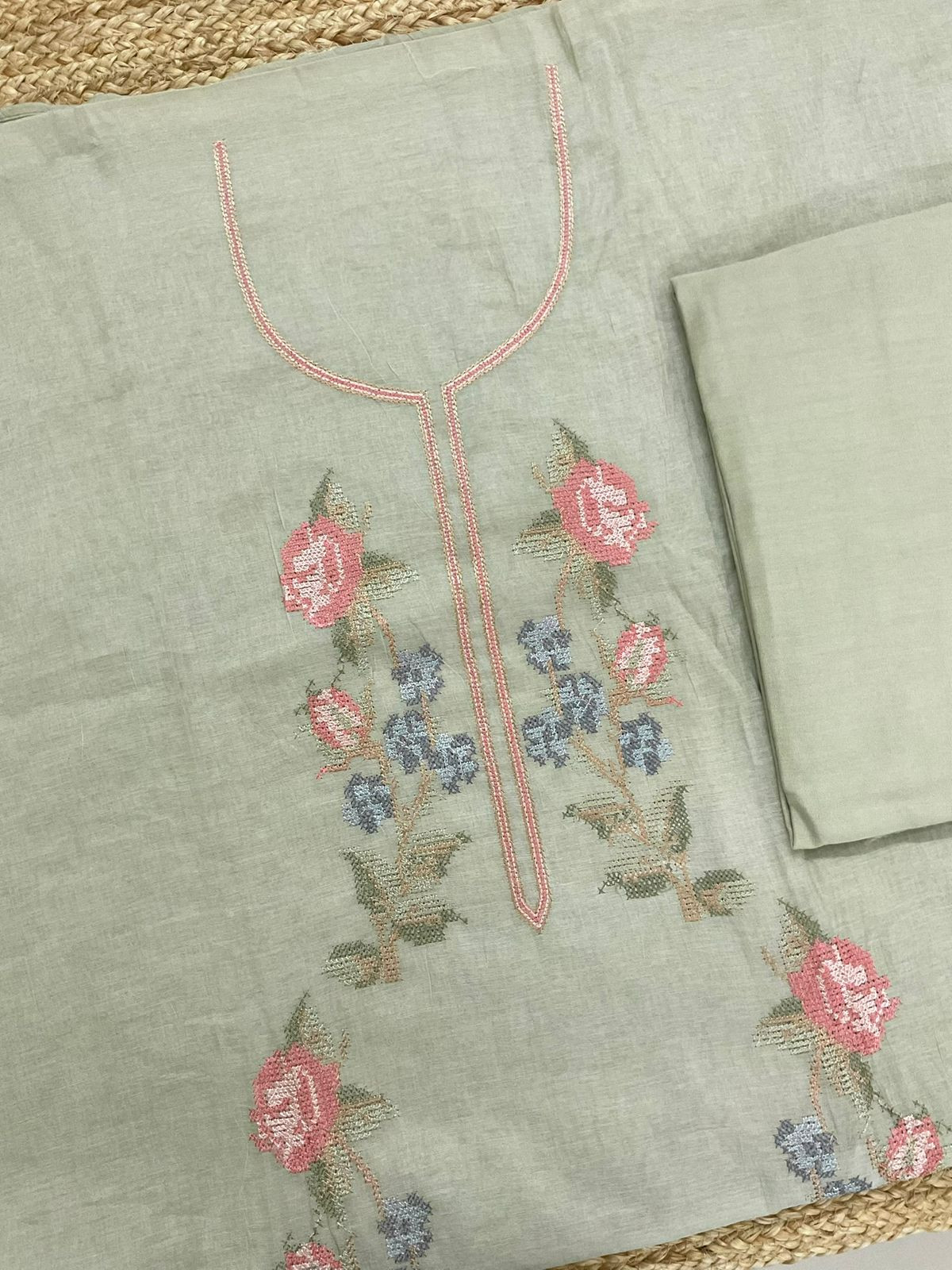 Pure Chanderi Embroidered Suit - Green