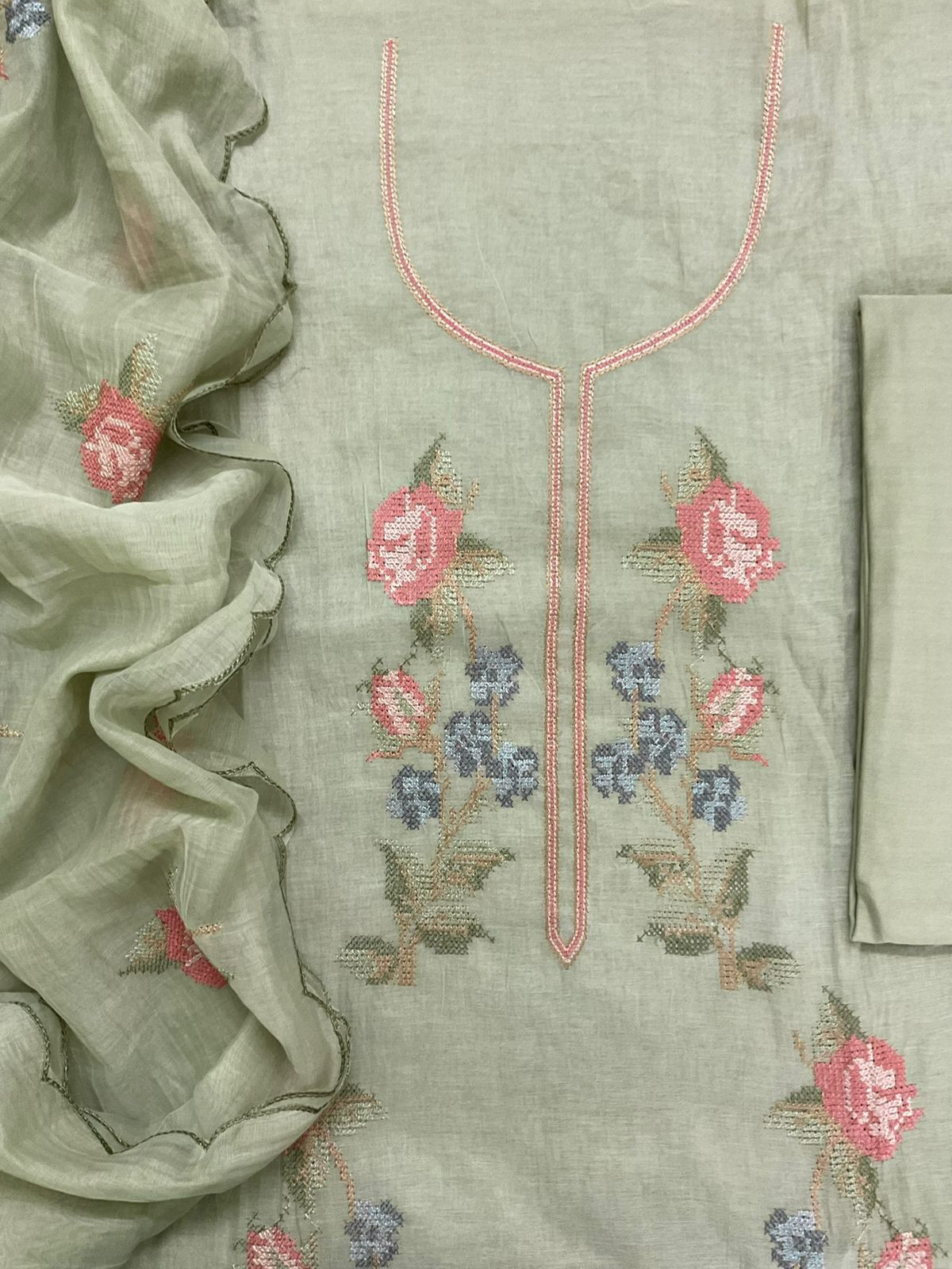 Pure Chanderi Embroidered Suit - Green