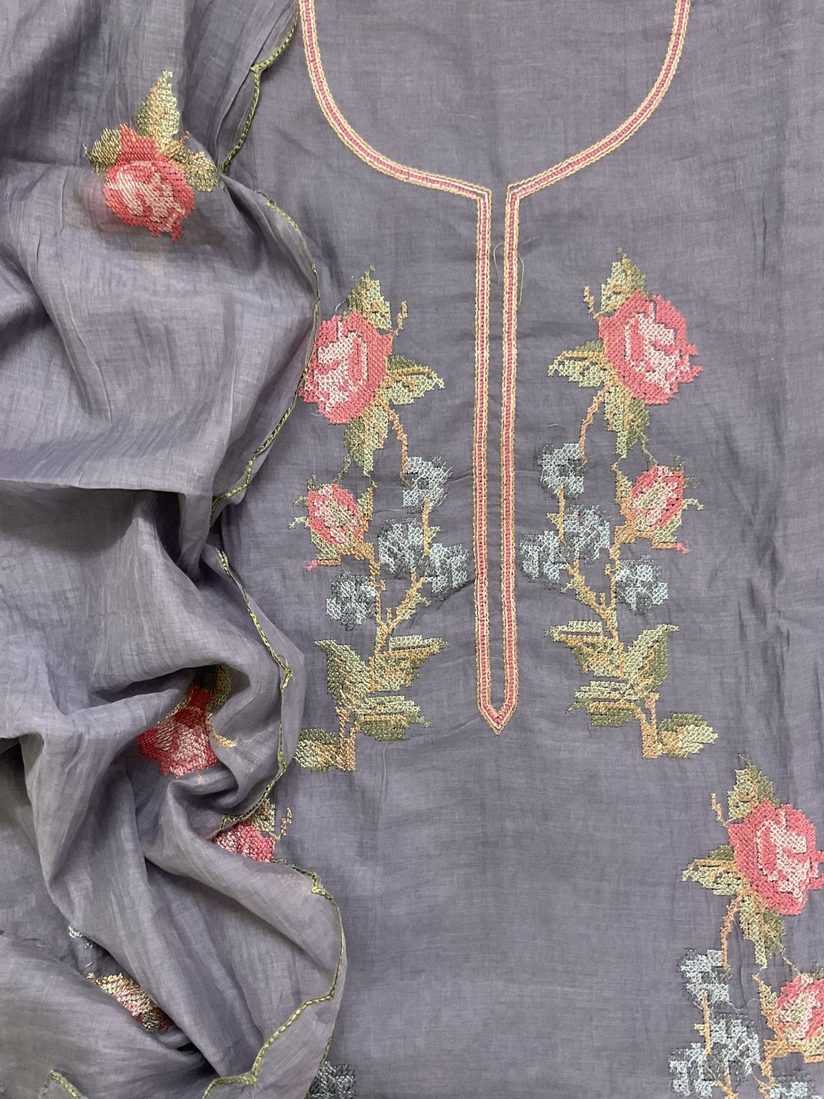 Pure Chanderi Embroidered Suit - Lavender