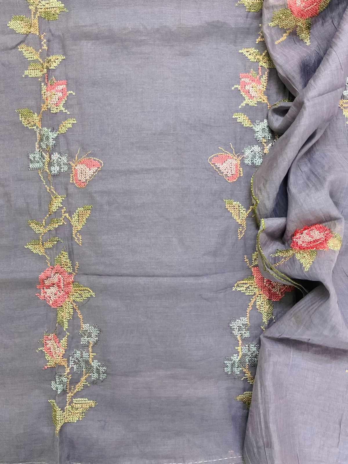 Pure Chanderi Embroidered Suit - Lavender