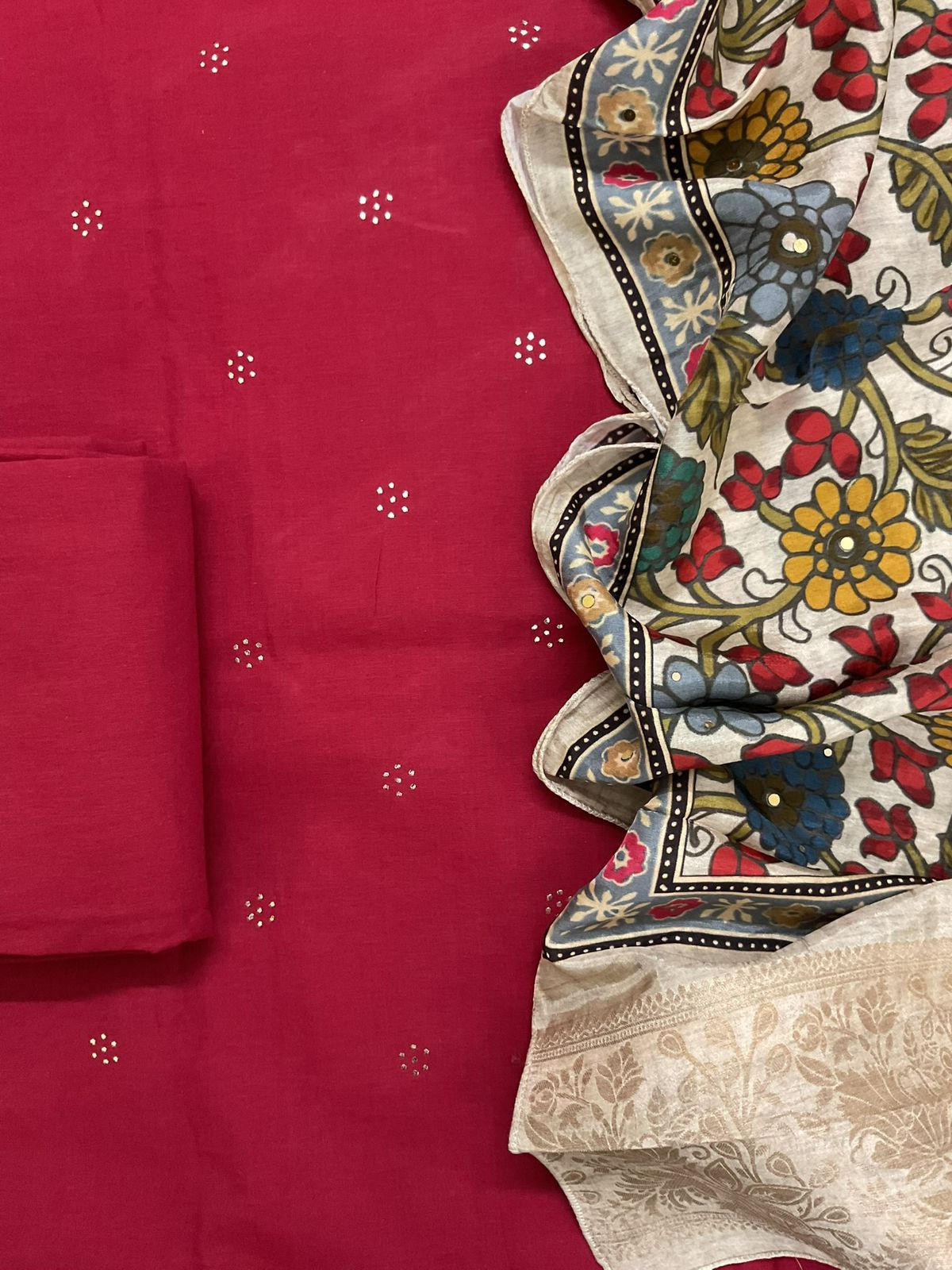 Pure Cotton Printed Embroidered Suit - Red