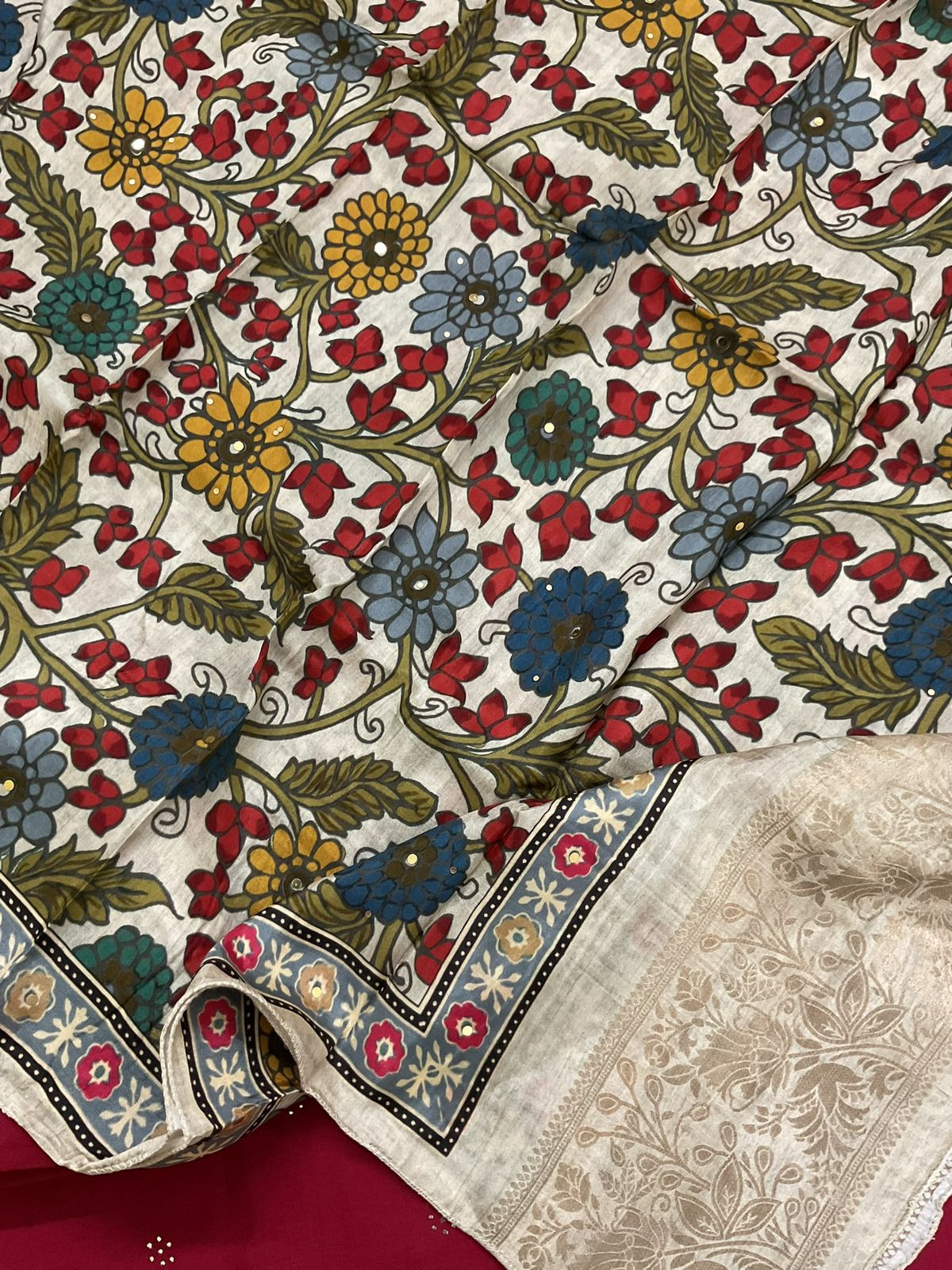 Pure Cotton Printed Embroidered Suit - Red