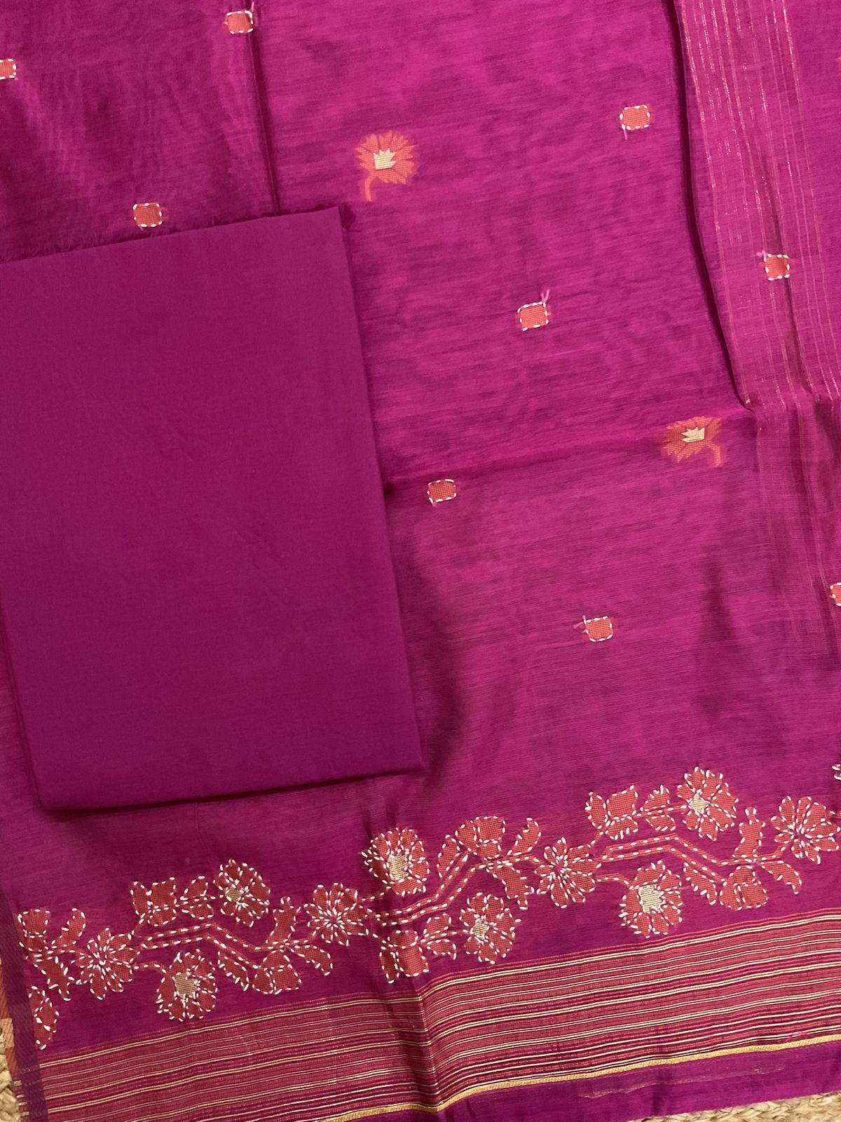 Soft Slub Chanderi Jamdani Weaved Embroidered Suit - Pink