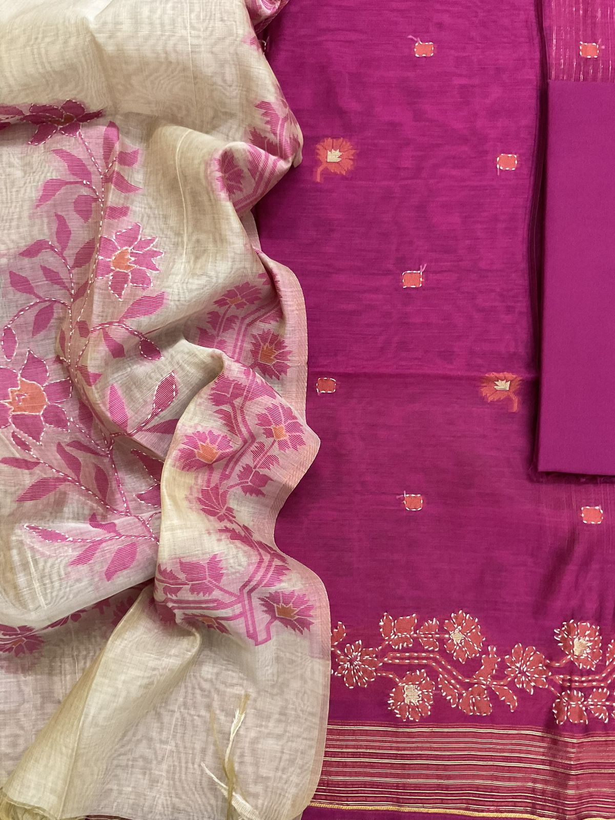 Soft Slub Chanderi Jamdani Weaved Embroidered Suit - Pink