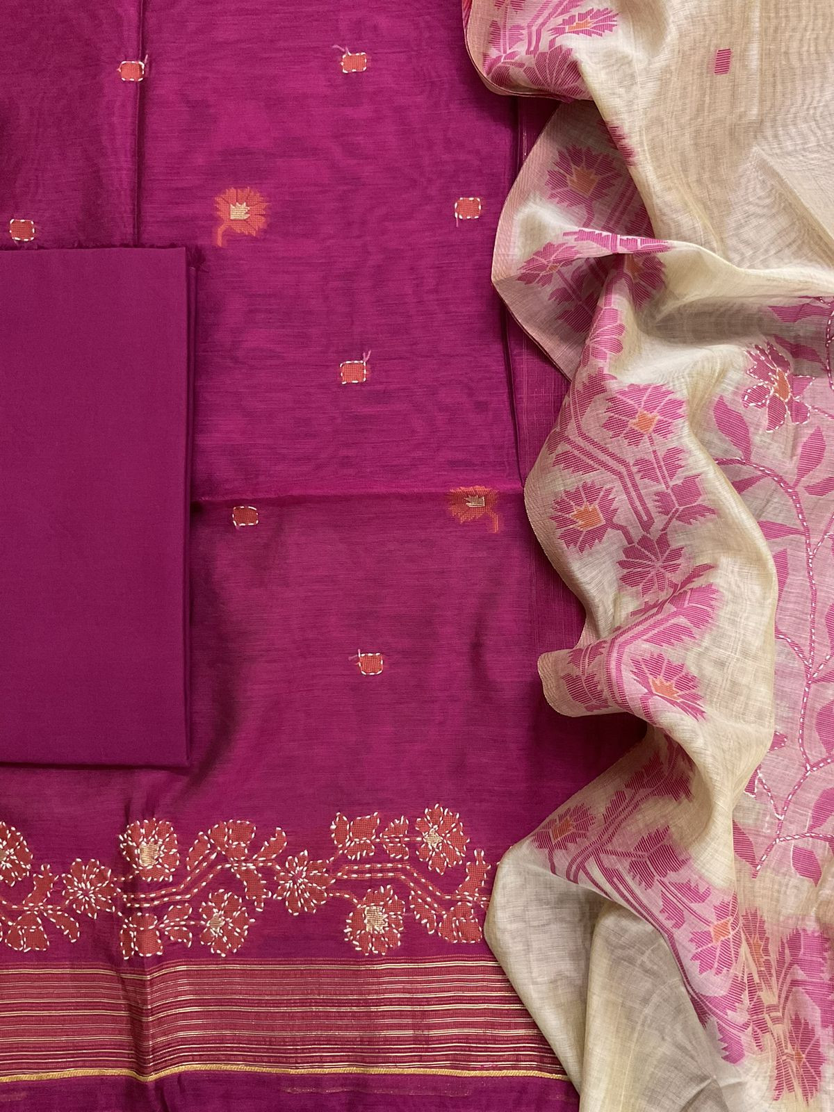 Soft Slub Chanderi Jamdani Weaved Embroidered Suit - Pink