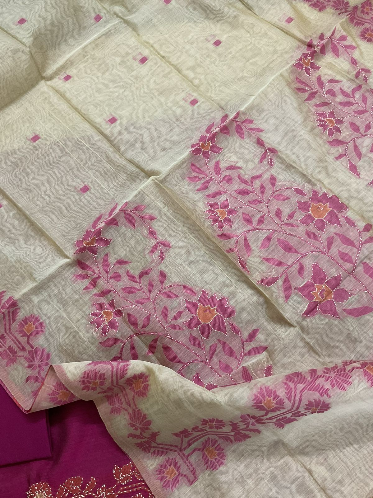 Soft Slub Chanderi Jamdani Weaved Embroidered Suit - Pink