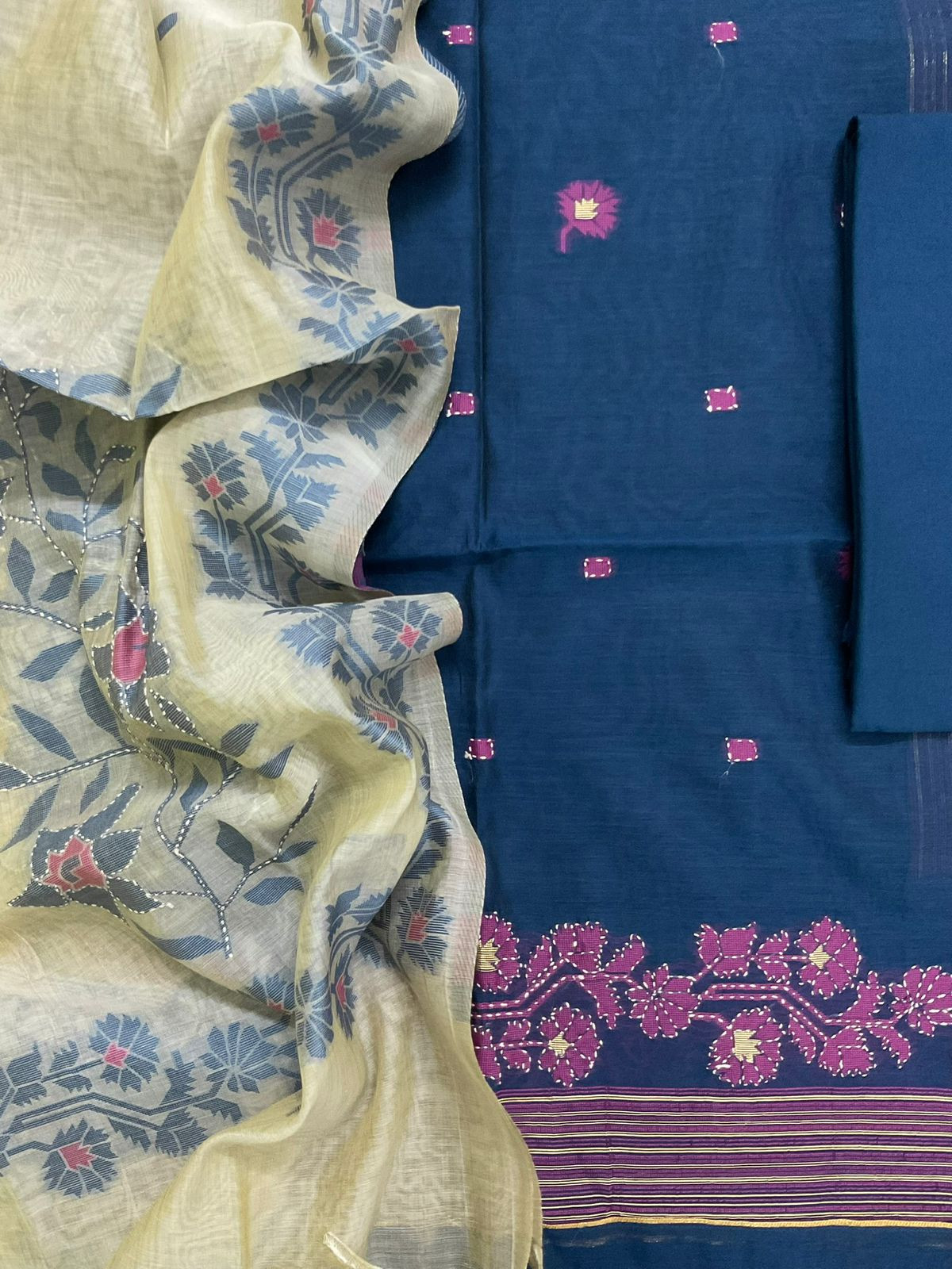 Soft Slub Chanderi Jamdani Weaved Embroidered Suit - Blue