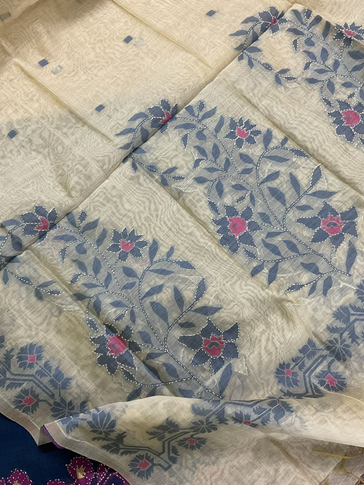 Soft Slub Chanderi Jamdani Weaved Embroidered Suit - Blue