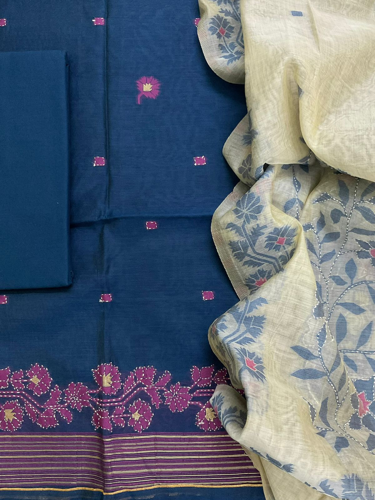 Soft Slub Chanderi Jamdani Weaved Embroidered Suit - Blue