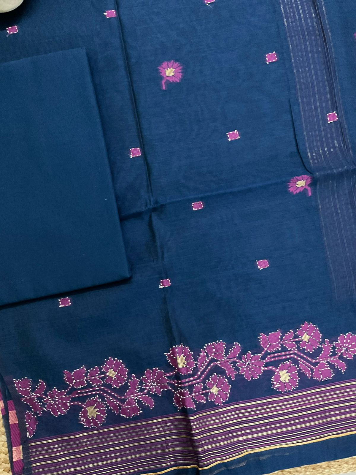 Soft Slub Chanderi Jamdani Weaved Embroidered Suit - Blue