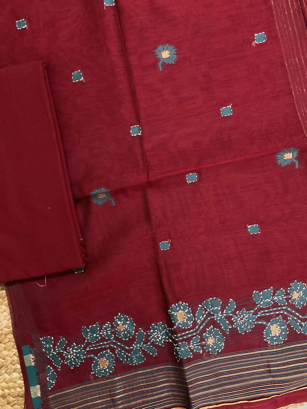 Soft Slub Chanderi Jamdani Weaved Embroidered Suit - Maroon