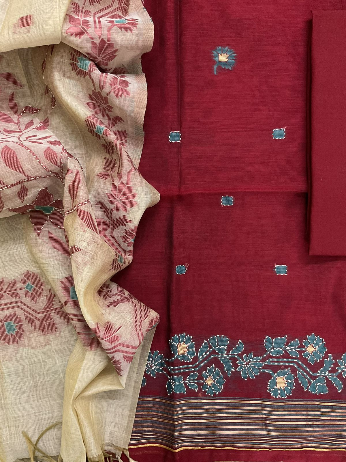 Soft Slub Chanderi Jamdani Weaved Embroidered Suit - Maroon