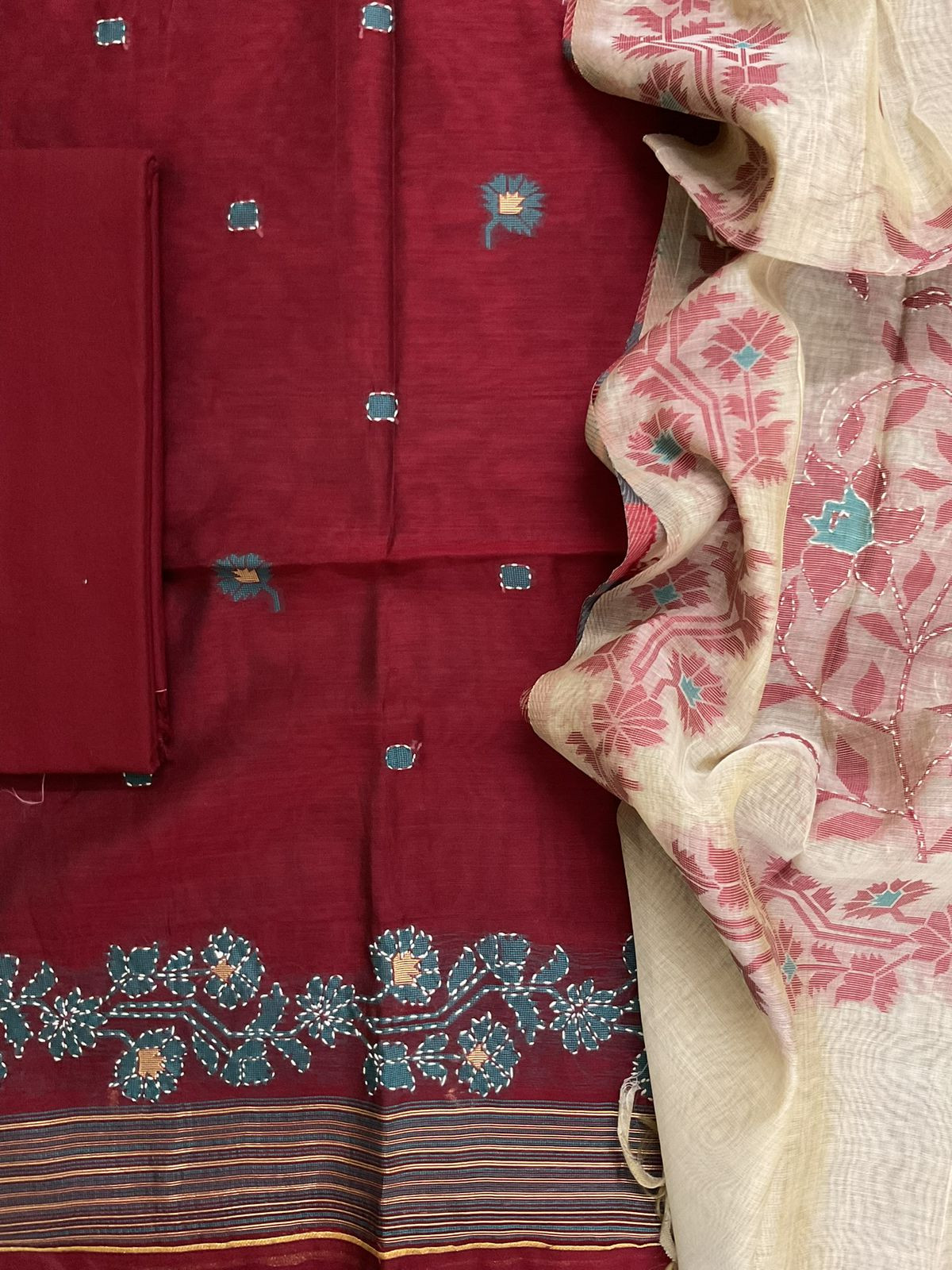 Soft Slub Chanderi Jamdani Weaved Embroidered Suit - Maroon