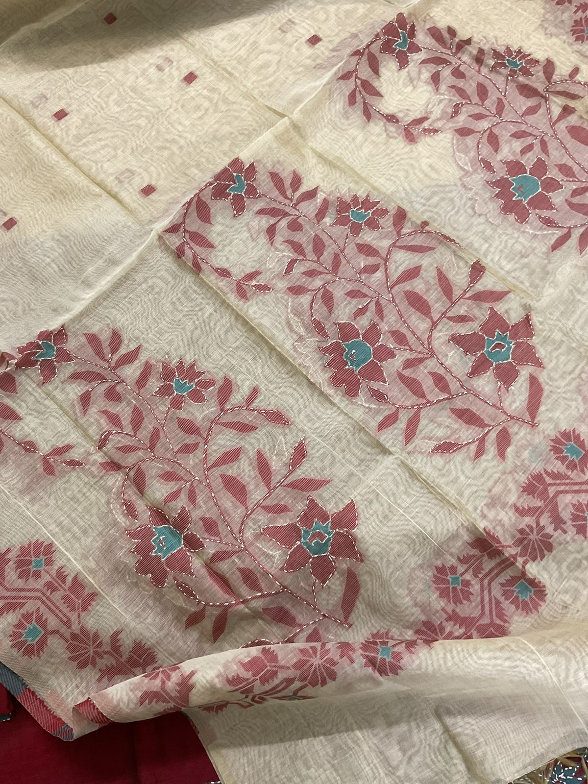 Soft Slub Chanderi Jamdani Weaved Embroidered Suit - Maroon