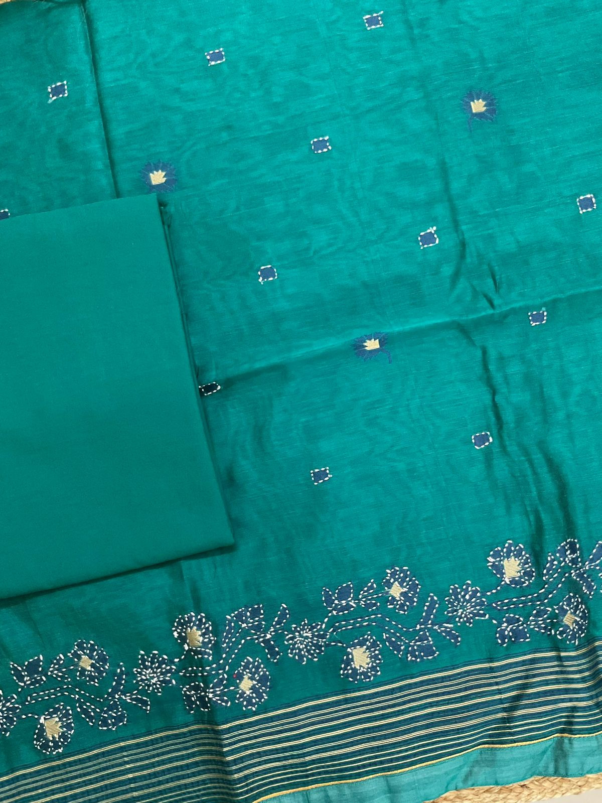 Soft Slub Chanderi Jamdani Weaved Embroidered Suit - Green