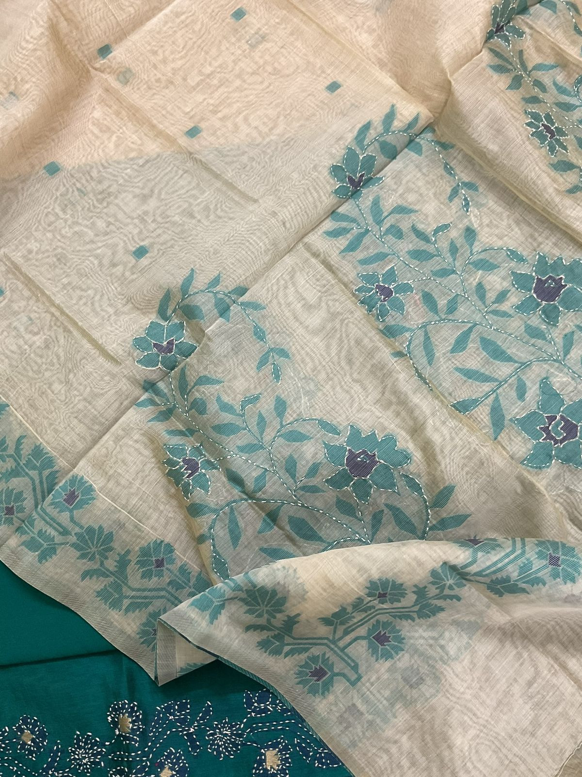 Soft Slub Chanderi Jamdani Weaved Embroidered Suit - Green