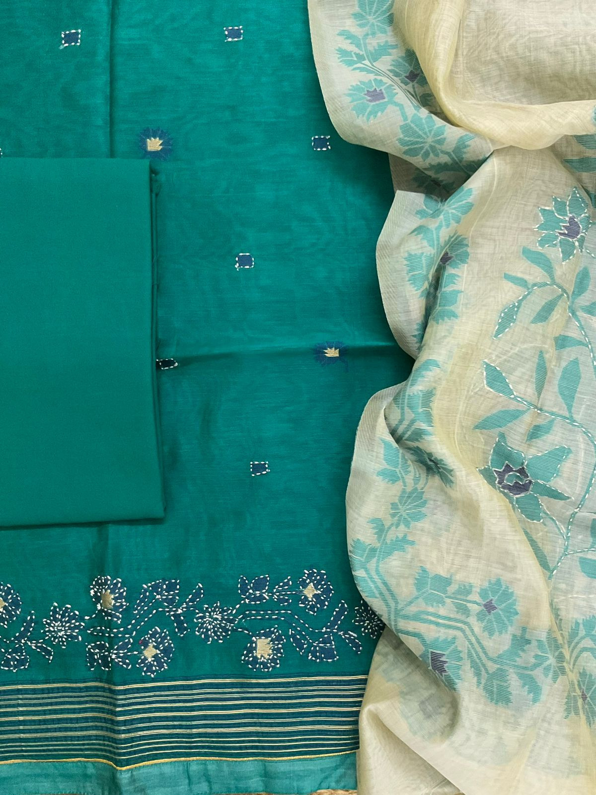 Soft Slub Chanderi Jamdani Weaved Embroidered Suit - Green