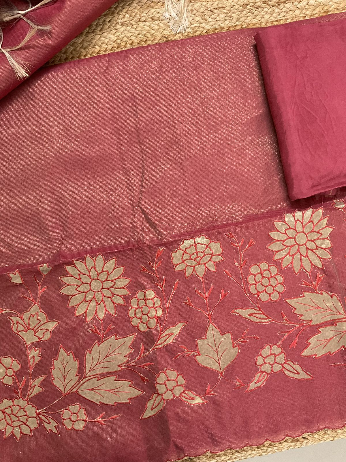 Soft Tissue Chanderi Embroidered Suit - Brick Red