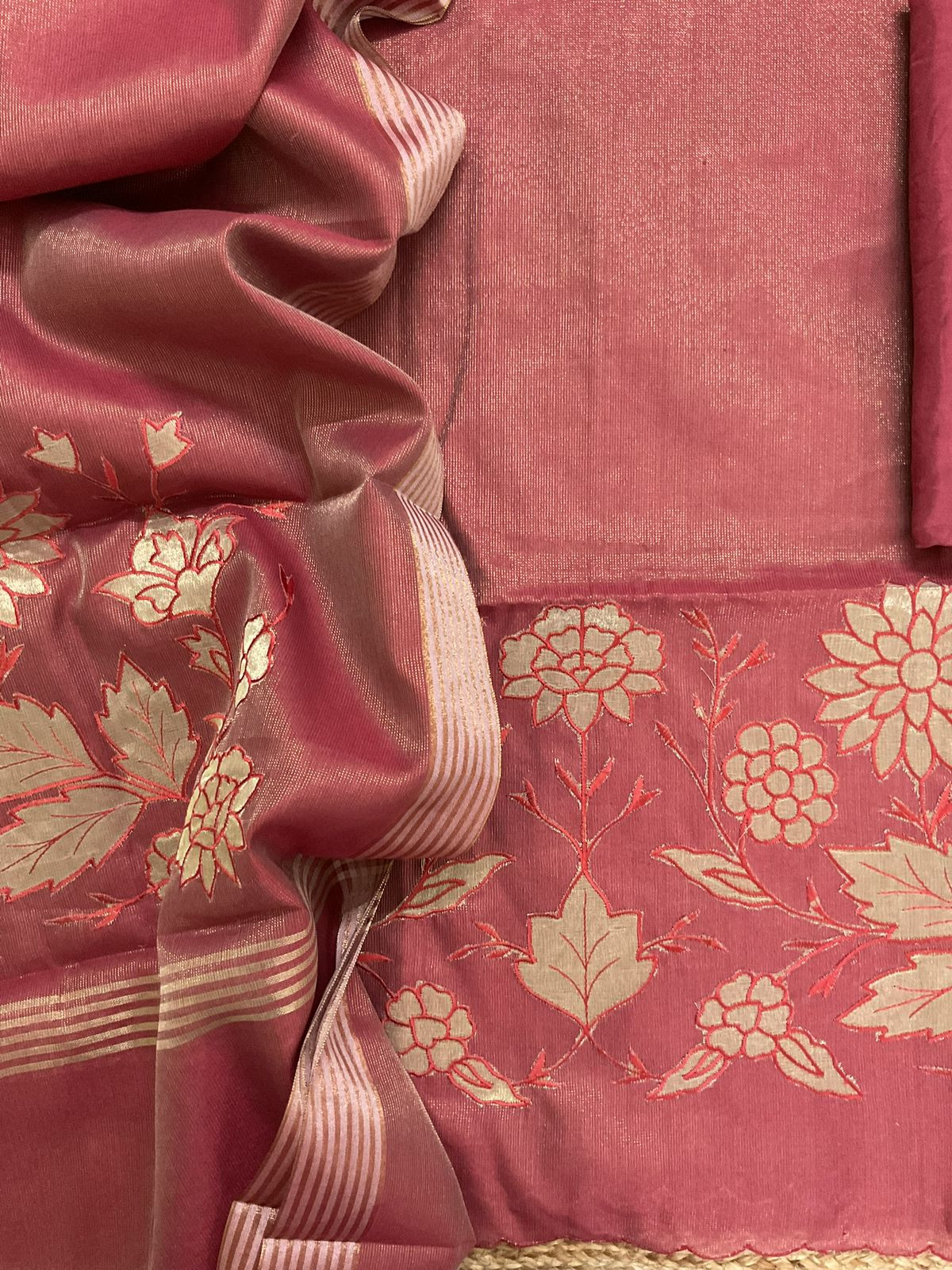 Soft Tissue Chanderi Embroidered Suit - Brick Red