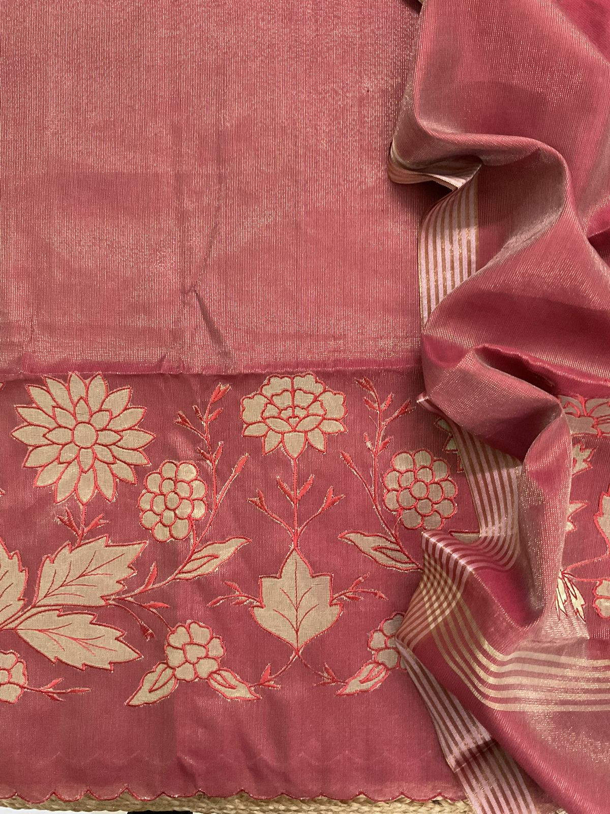 Soft Tissue Chanderi Embroidered Suit - Brick Red