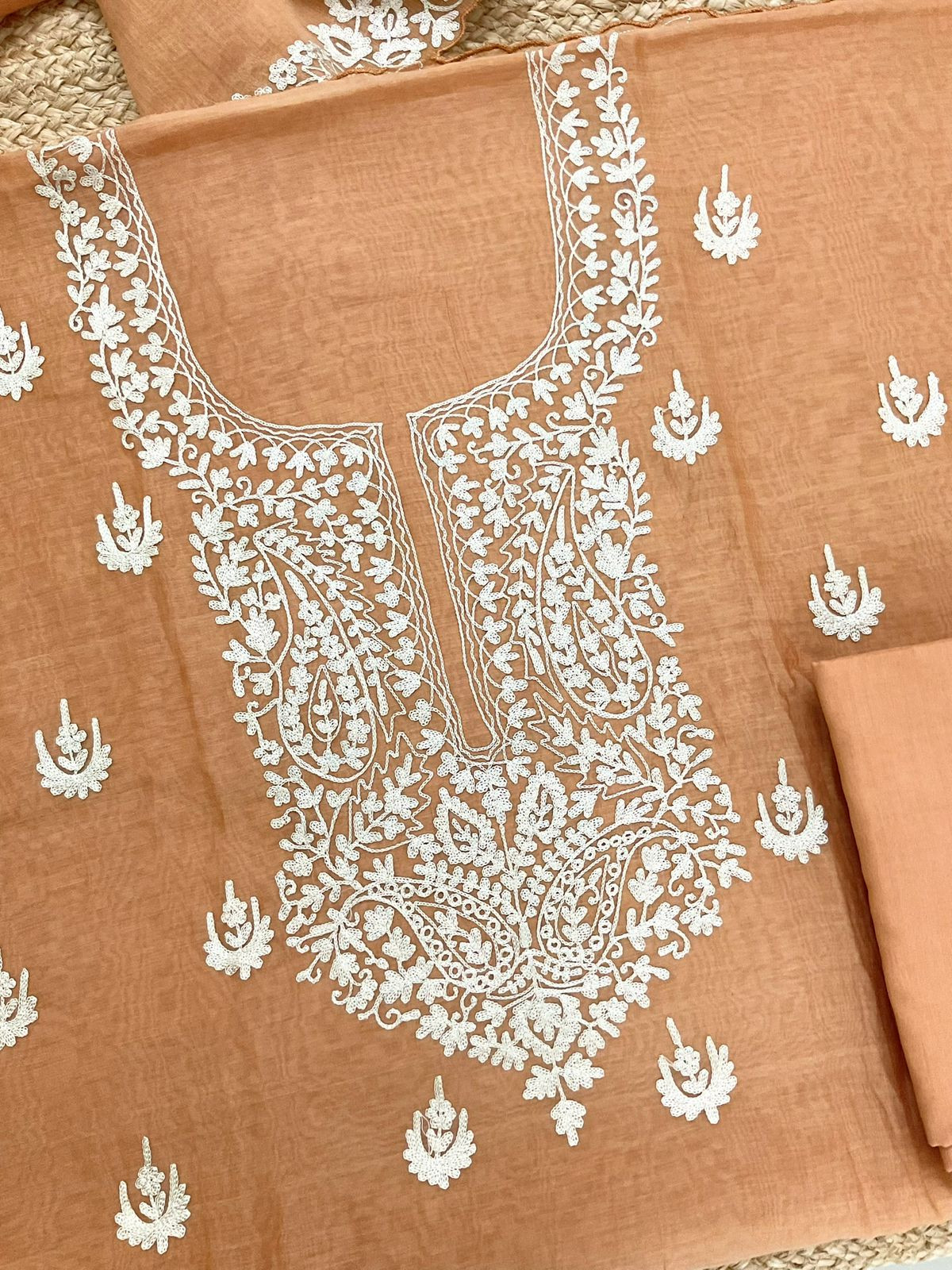 Pure Mul Chanderi Embroidered Suit - Orange