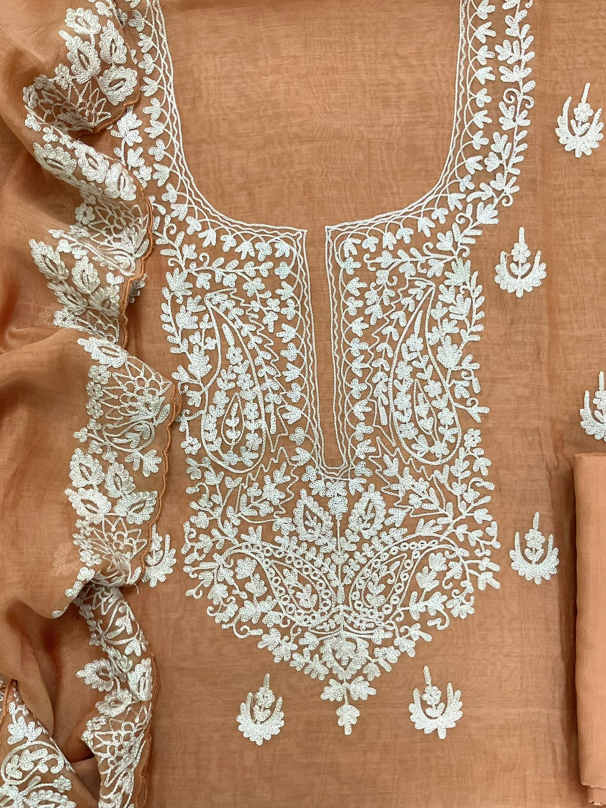 Pure Mul Chanderi Embroidered Suit - Orange