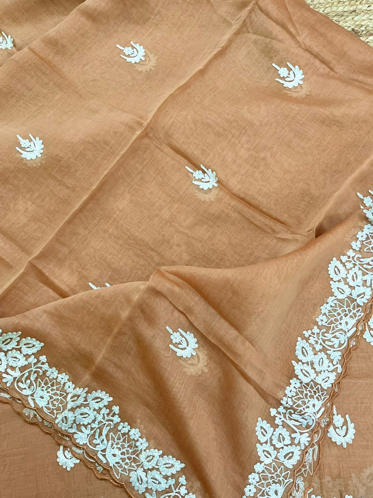 Pure Mul Chanderi Embroidered Suit - Orange