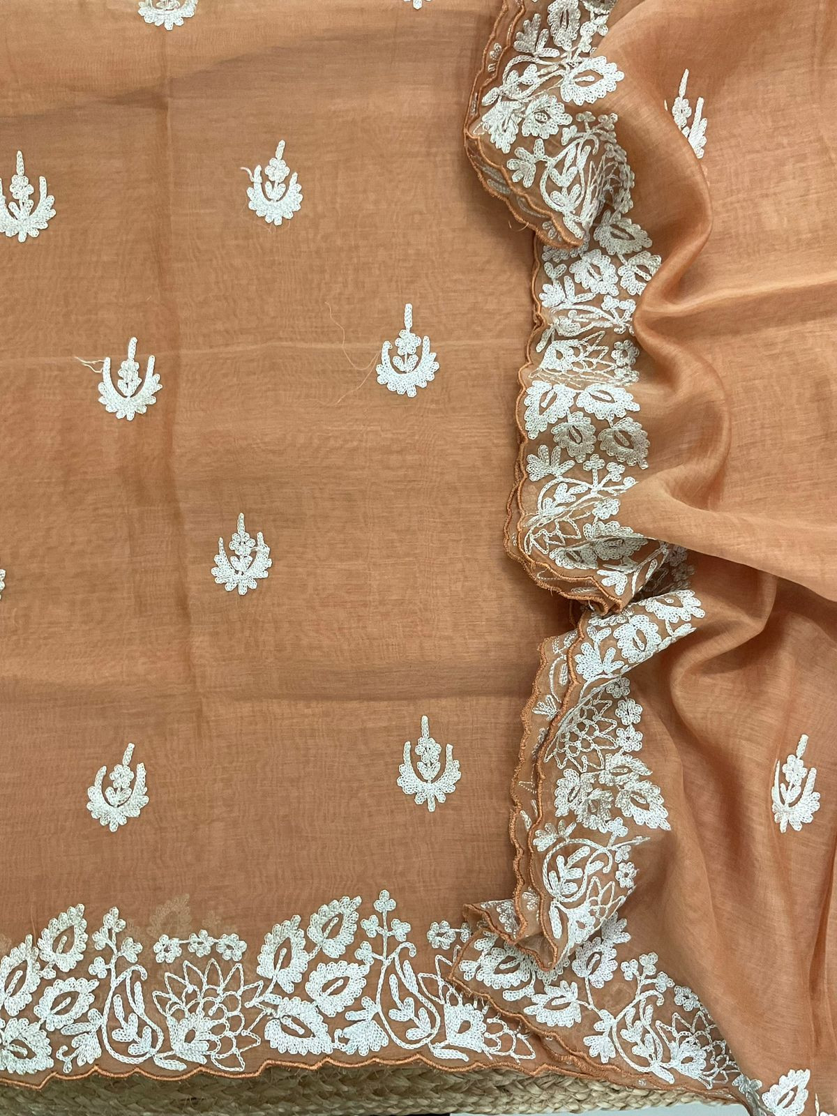 Pure Mul Chanderi Embroidered Suit - Orange