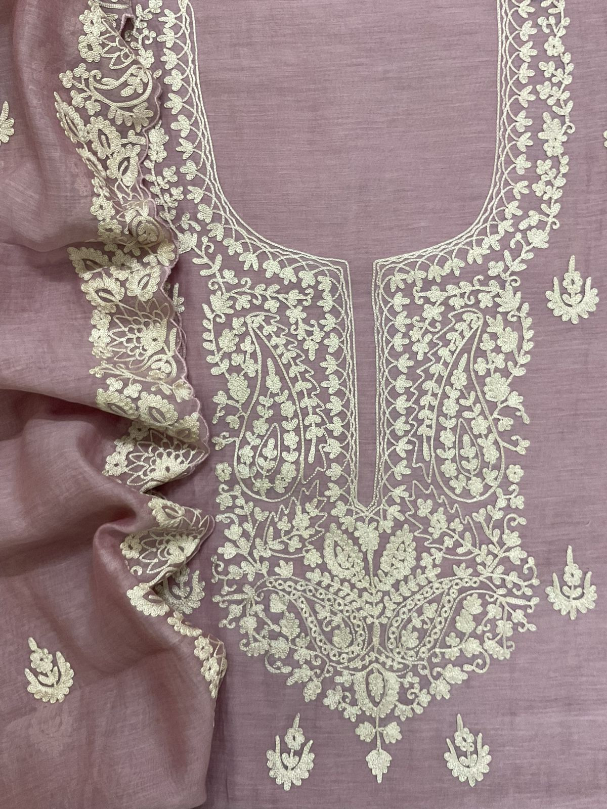 Pure Mul Chanderi Embroidered Suit - Lavender