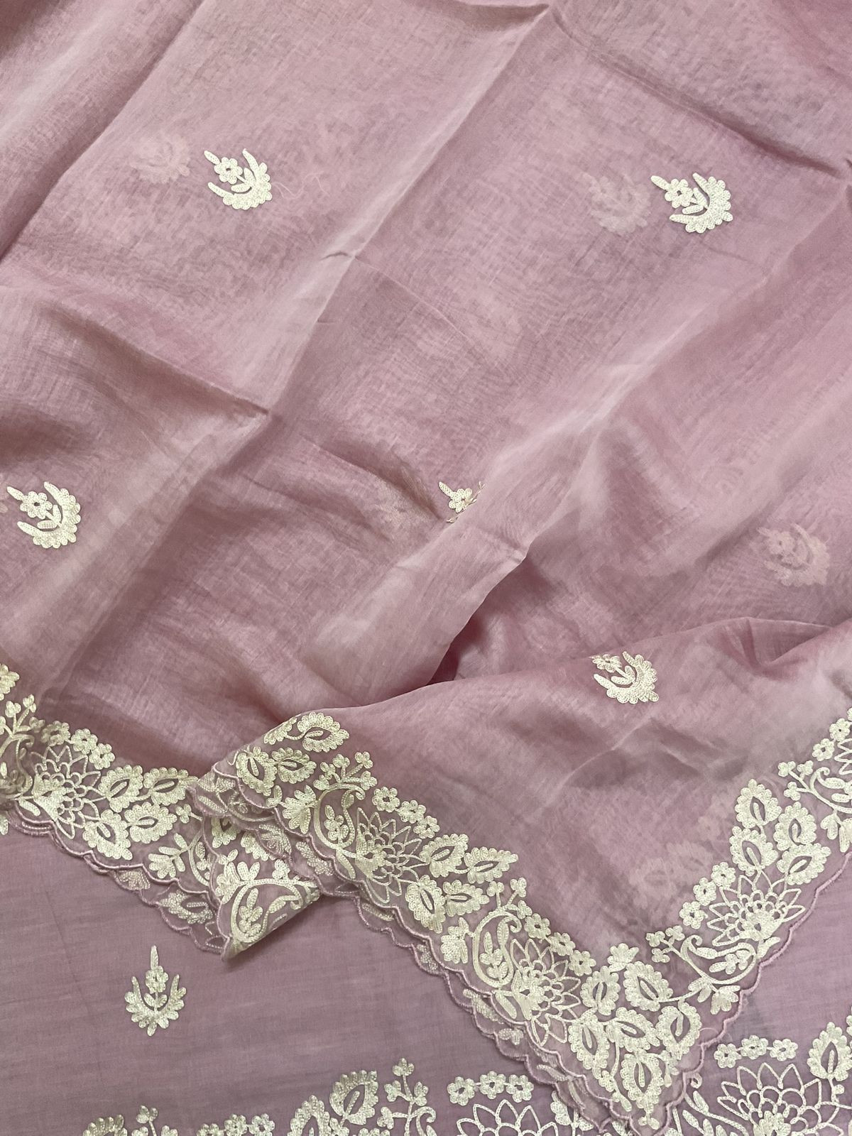Pure Mul Chanderi Embroidered Suit - Lavender