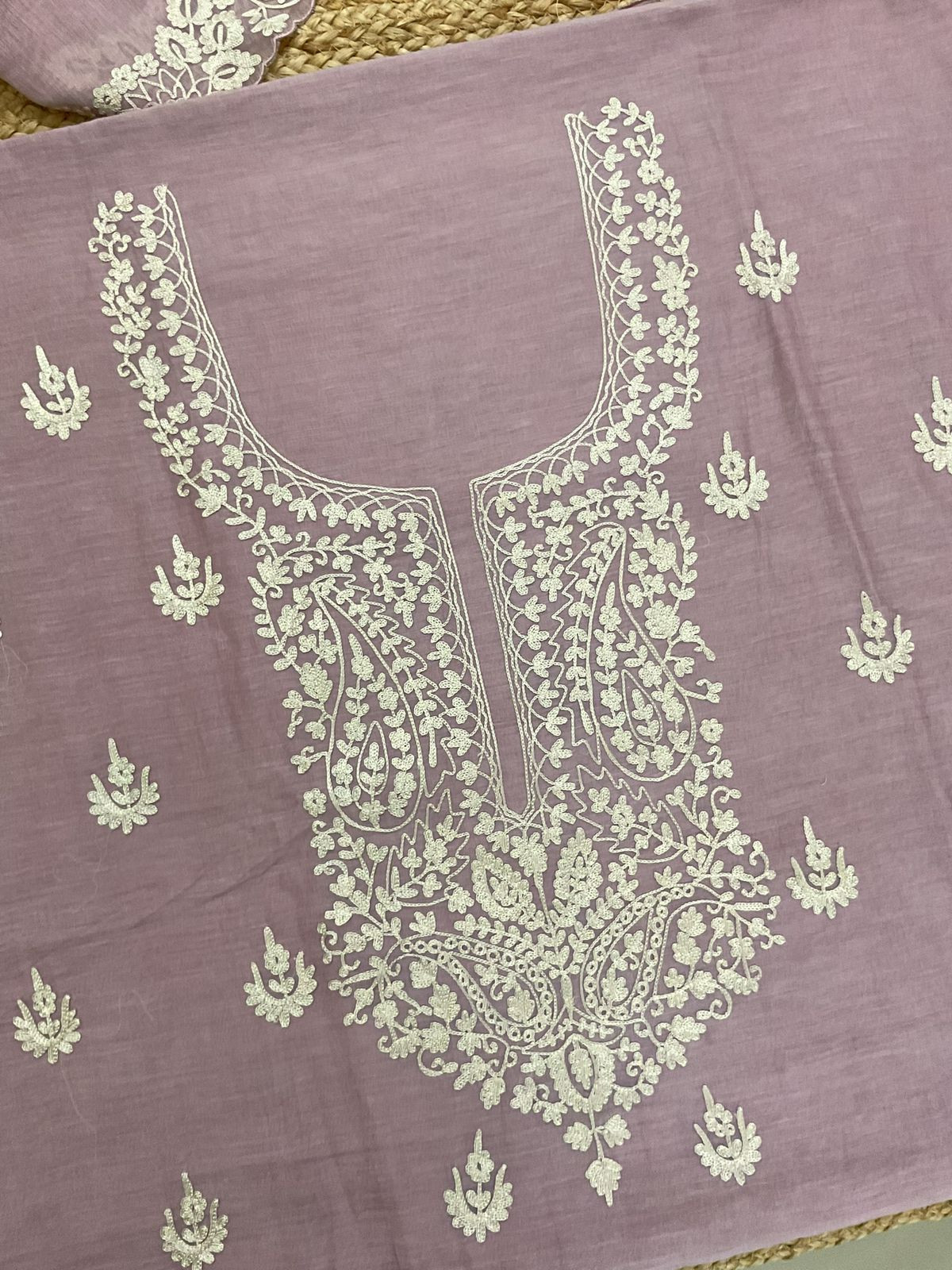 Pure Mul Chanderi Embroidered Suit - Lavender