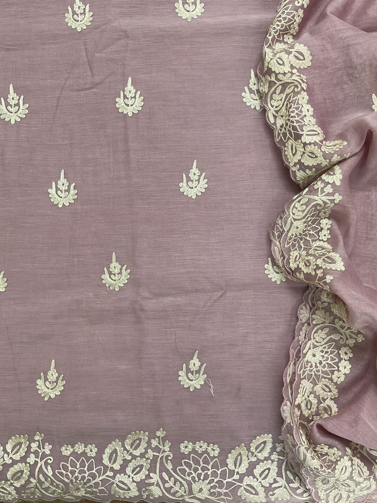 Pure Mul Chanderi Embroidered Suit - Lavender