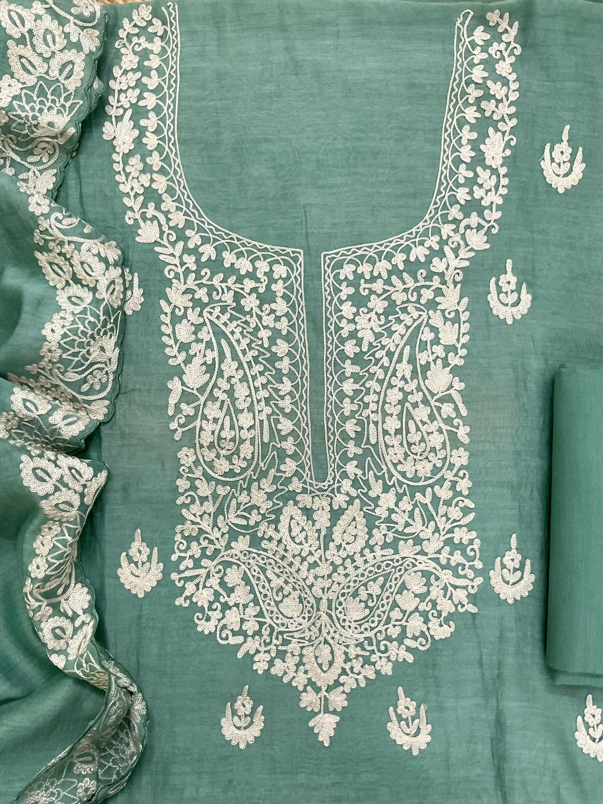 Pure Mul Chanderi Embroidered Suit - Green